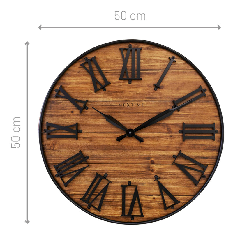 Large Wall Clock - 50cm - Silent - Dark Wood - Black Metal - "Manchester" -Industrial Interrior -NeXtime