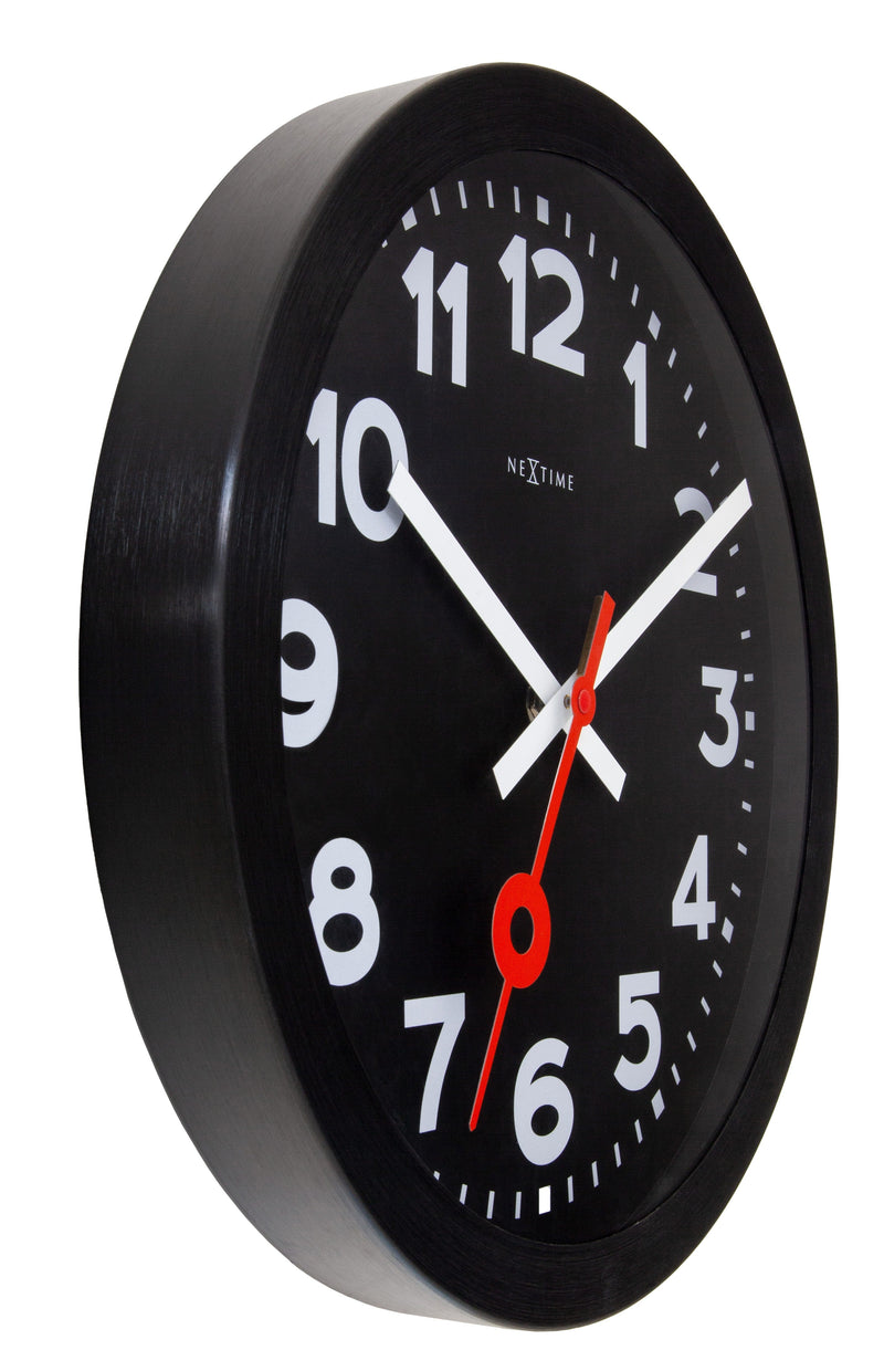Wall clock;  Silent clock; Designer clock; Gift; Modern clock; Unique clock; NeXtime;  Station clock; Classic clock; Black clock; Minimalist; Workplace; Industrial; Urban