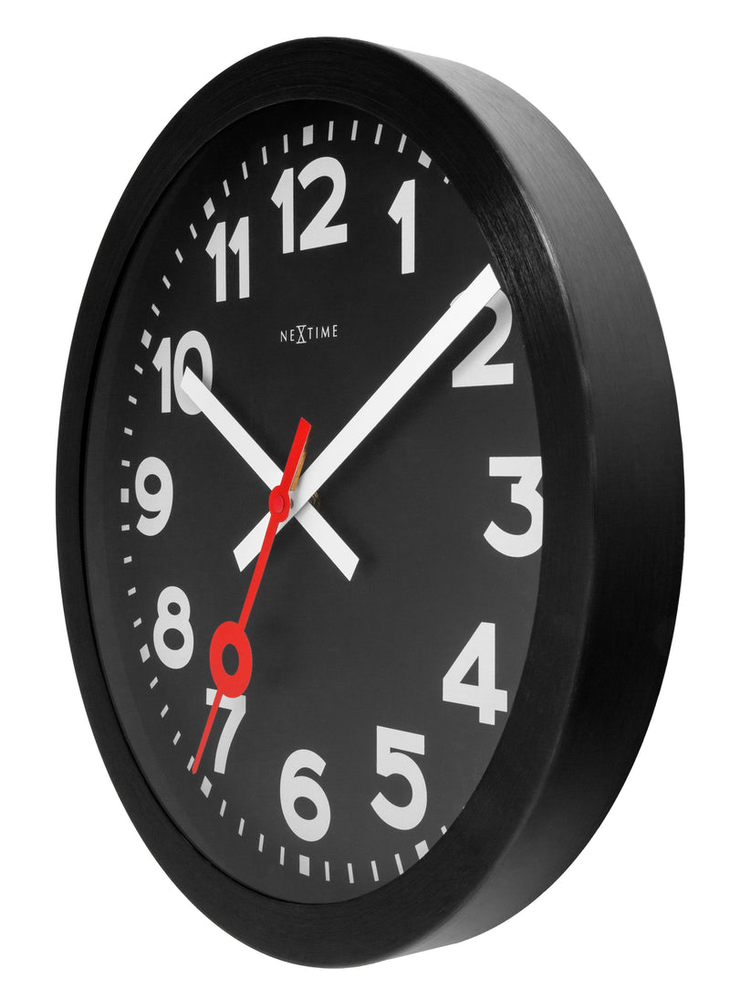 Wall clock;  Silent clock; Designer clock; Gift; Modern clock; Unique clock; NeXtime;  Station clock; Classic clock; Black clock; Minimalist; Workplace; Industrial; Urban