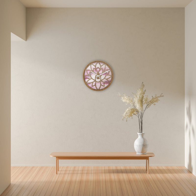 Horloge murale 40cm - Silencieuse - Rose - Bois - "Lotus"